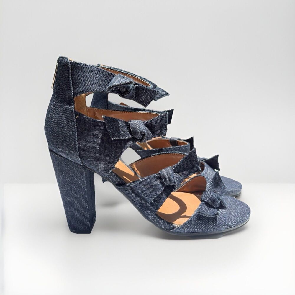 Indigo Rd Womens Size 7 Denim Blue Bow Strappy Block Heel Sandal Pre-Owned